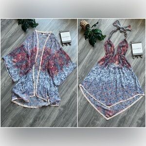 Victoria’s Secret Sheer Floral Lace Trim Kimono & Halter Dress Set Sz M & M / L